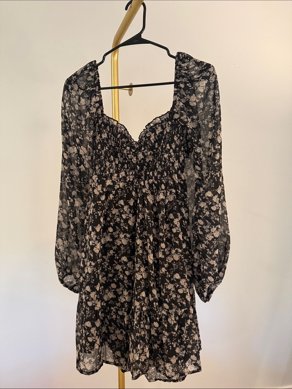 Black Floral Smocked Dress - Sheer Long Sleeves. Tie in the back